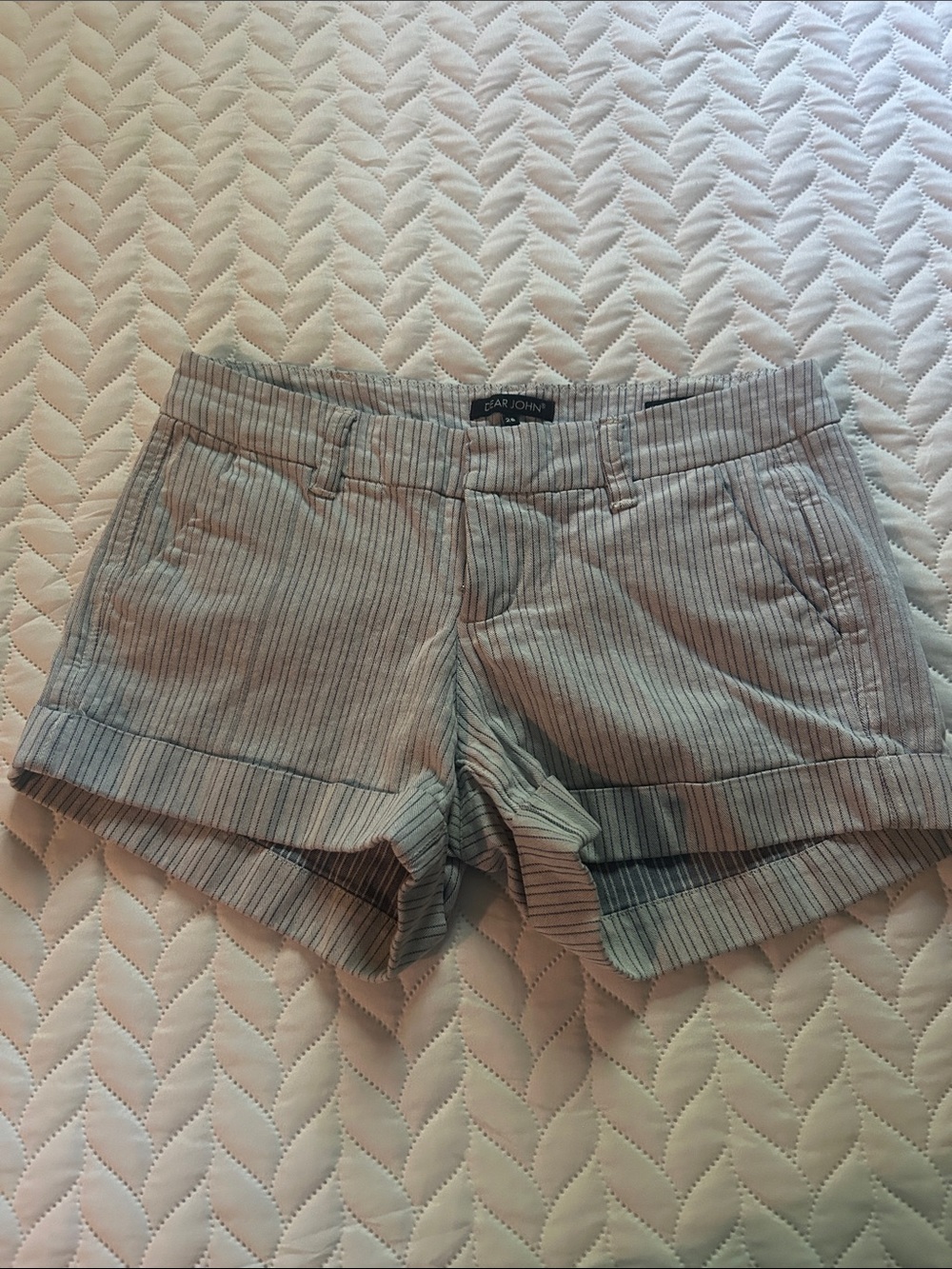 Pinstriped Cuffed Women’s Shorts - Light Gray and Blue